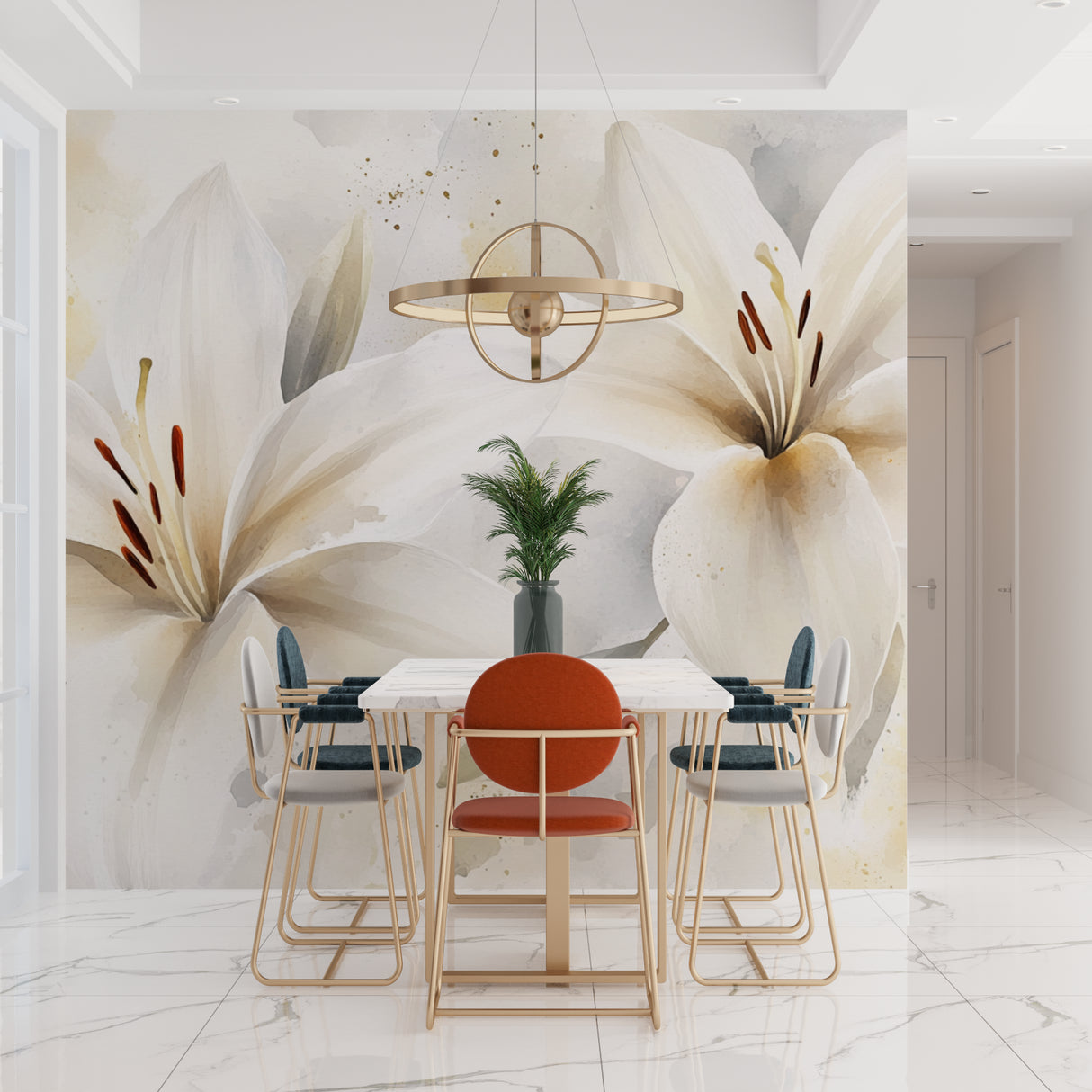 White lily mural wallpaper enhancing luxury bathroom decor