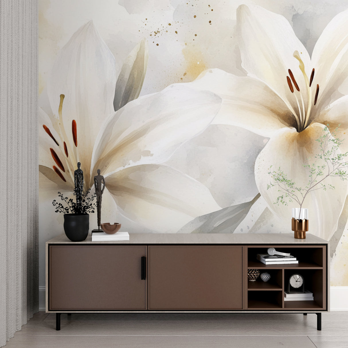 Floral wall mural in home office creating inspiring workspace