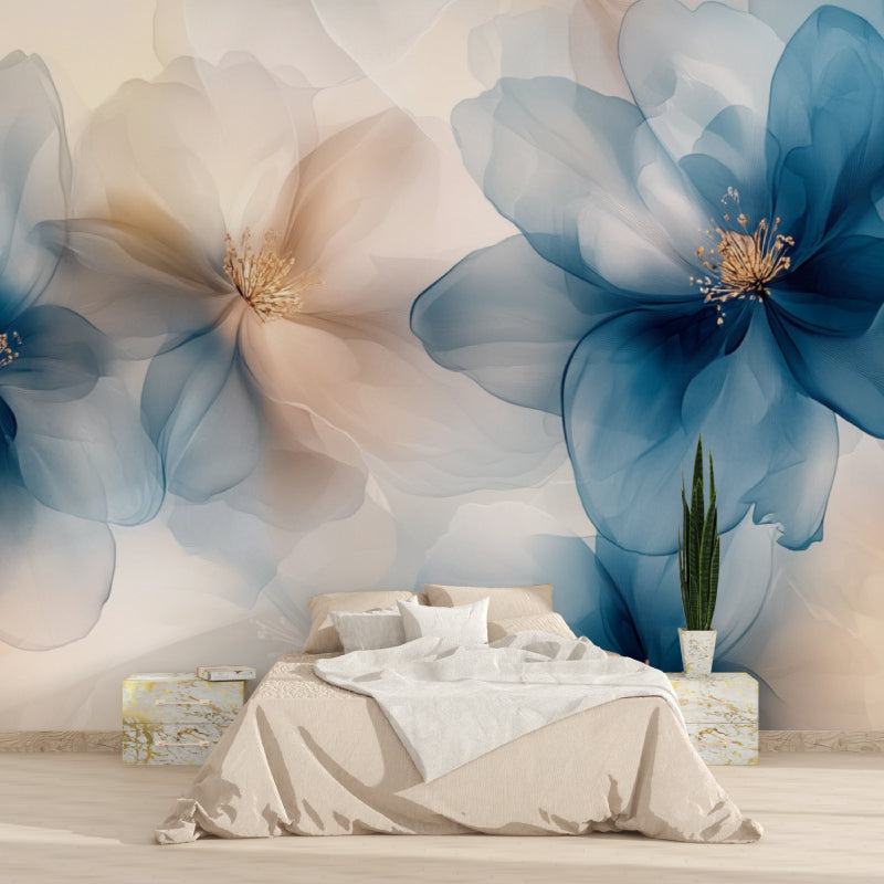 Watercolor floral wallpaper creating a serene atmosphere in a modern living room with natural light