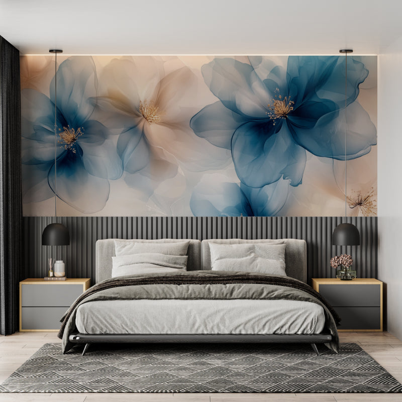 Blue and beige floral wall mural bringing spring freshness to a master bedroom