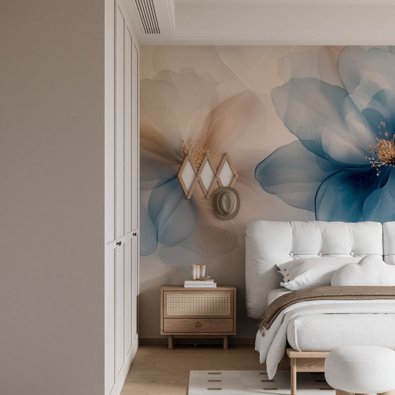 Watercolor bloom mural adding sophistication to a home office space