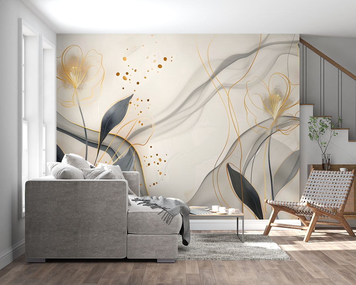Master bedroom featuring luxurious Gold Leaf Wallpaper with grey botanical patterns