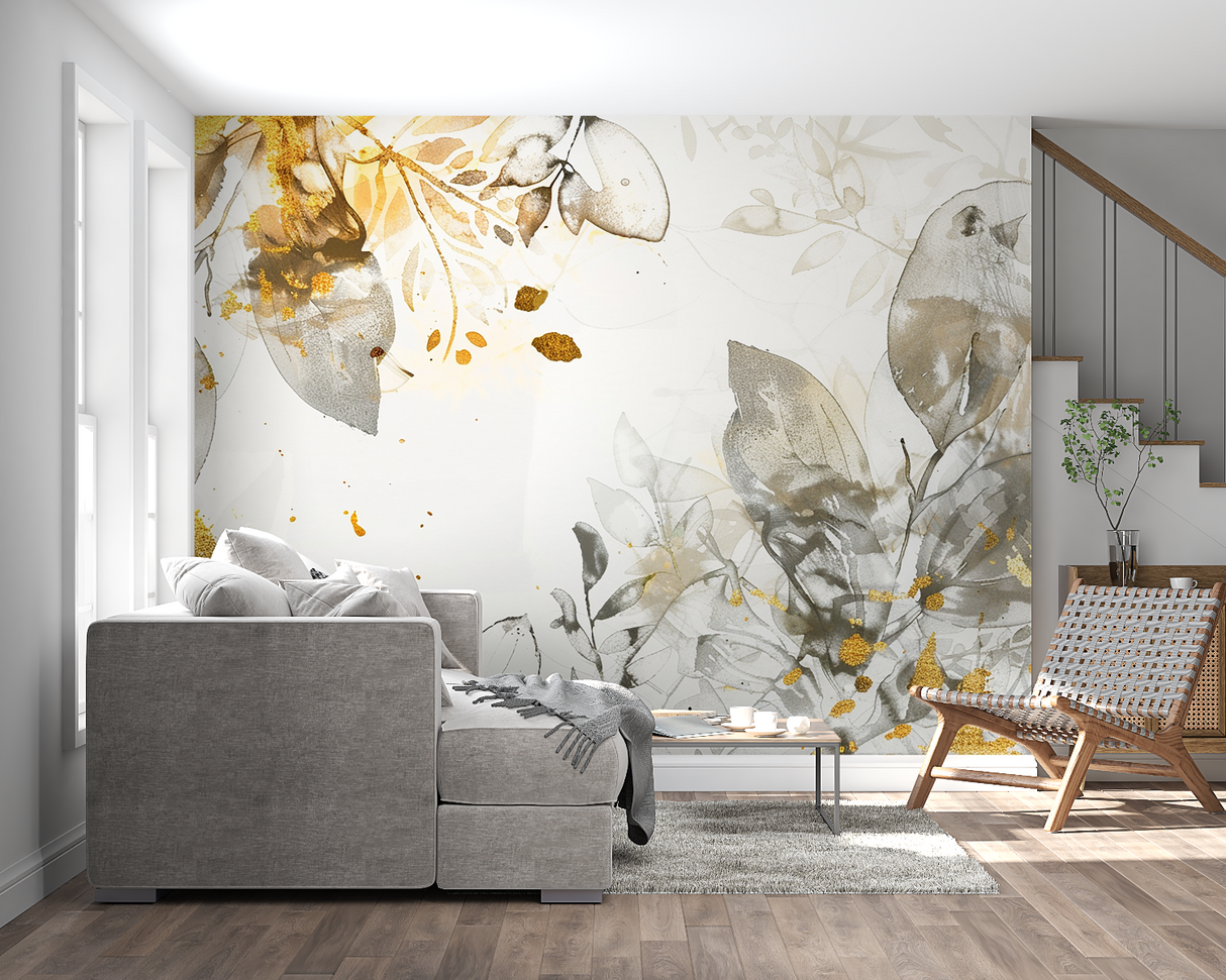 Watercolor leaf pattern wallpaper in home office with natural lighting