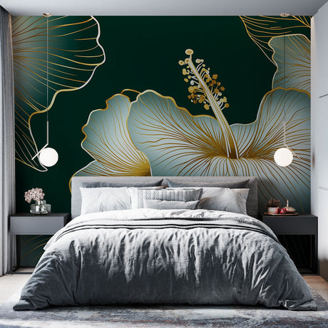 Luxury Gold Hibiscus Floral Wallpaper creating a stunning accent wall in a modern living room with emerald and gold decor