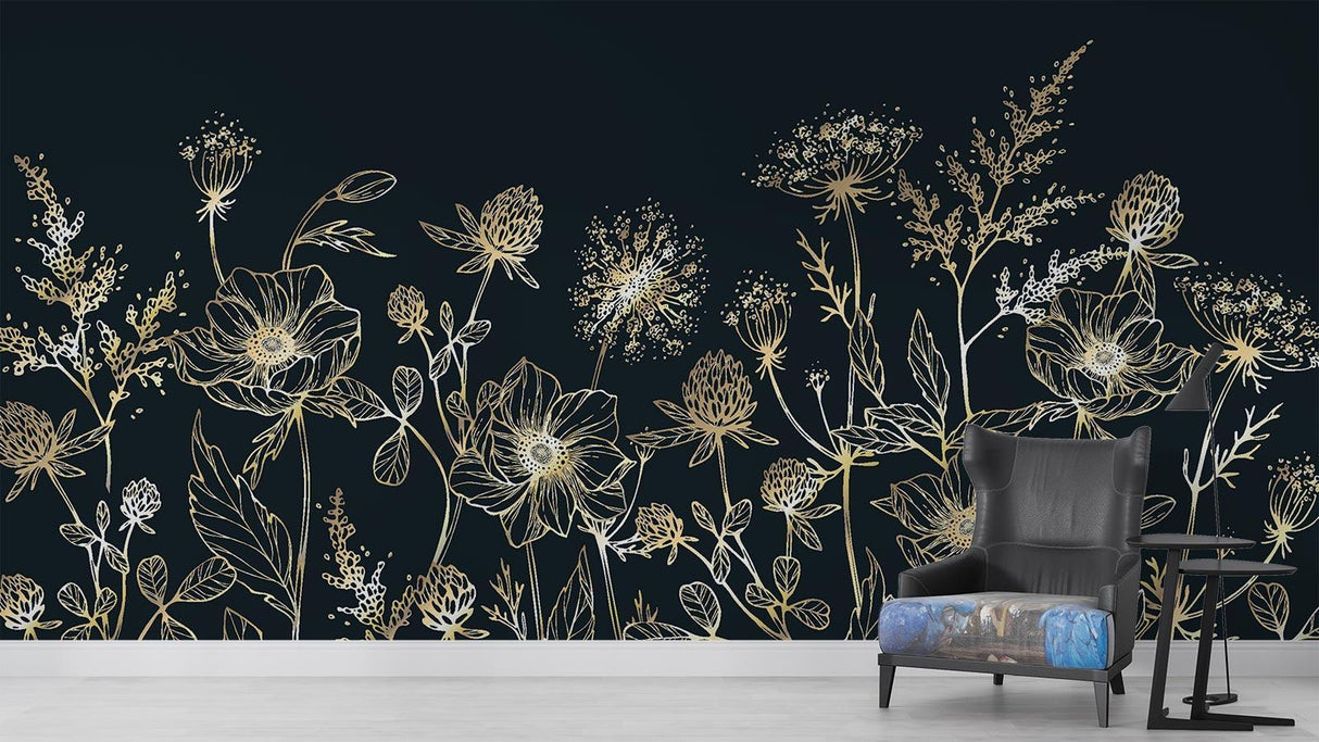 Botanical gold line art mural creating a luxurious atmosphere in master bedroom