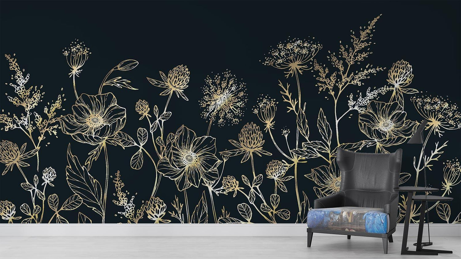 Botanical gold line art mural creating a luxurious atmosphere in master bedroom