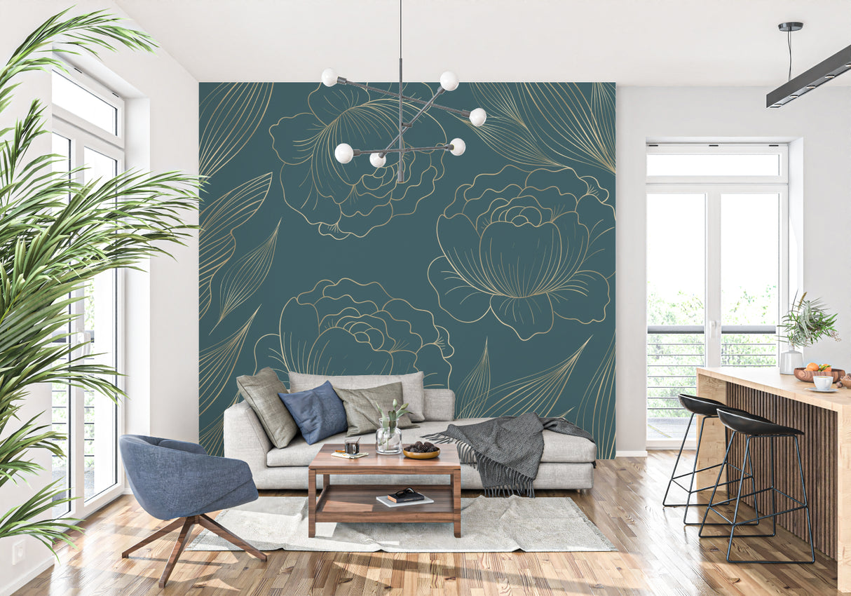 Teal and gold floral wallpaper in modern living room setting with minimal furniture
