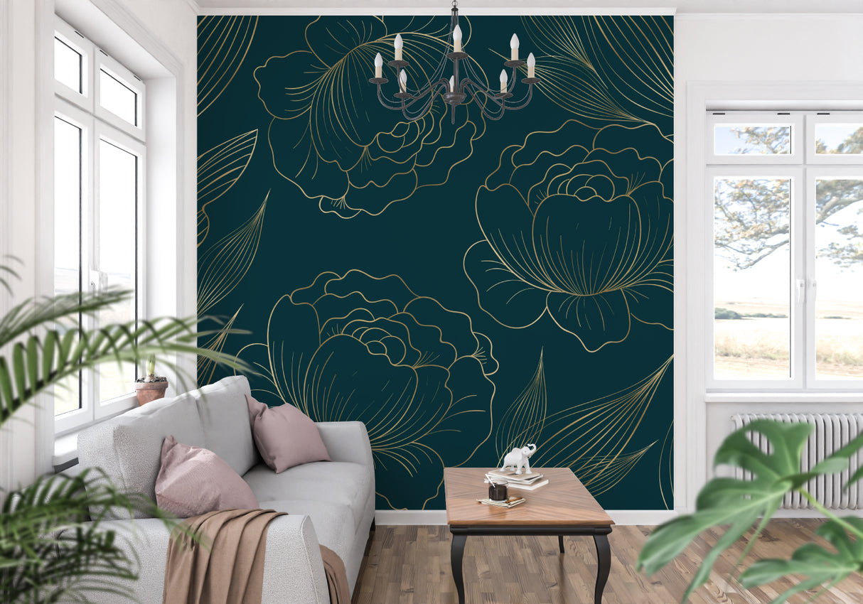 Line art floral wallpaper featured in master bedroom with soft lighting