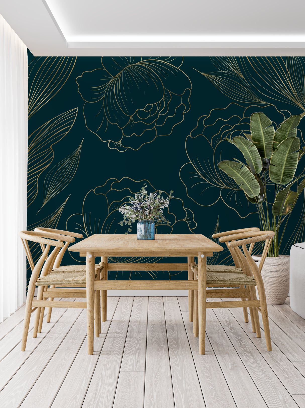 Gold floral wall mural brightening a home office space with desk setup