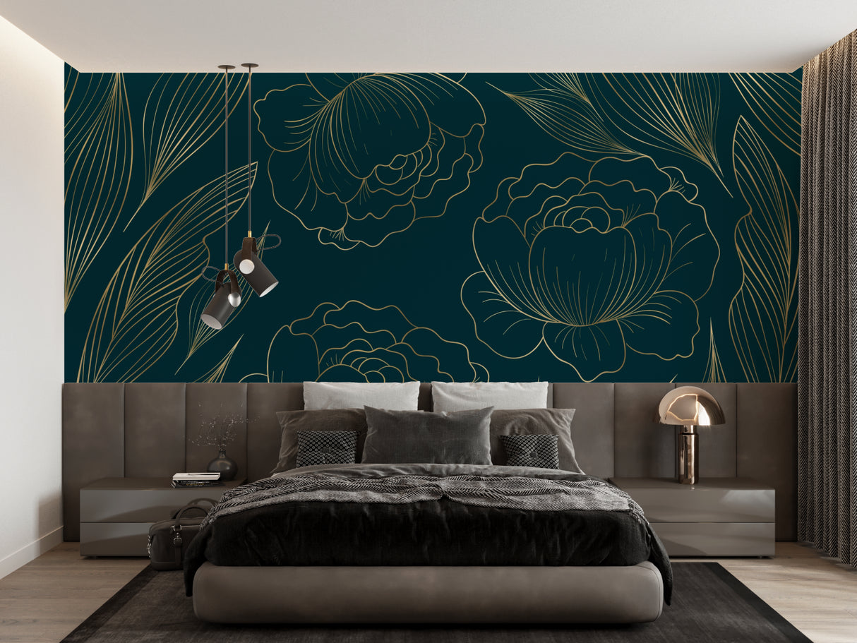 Line art wallpaper creating elegant atmosphere in powder room