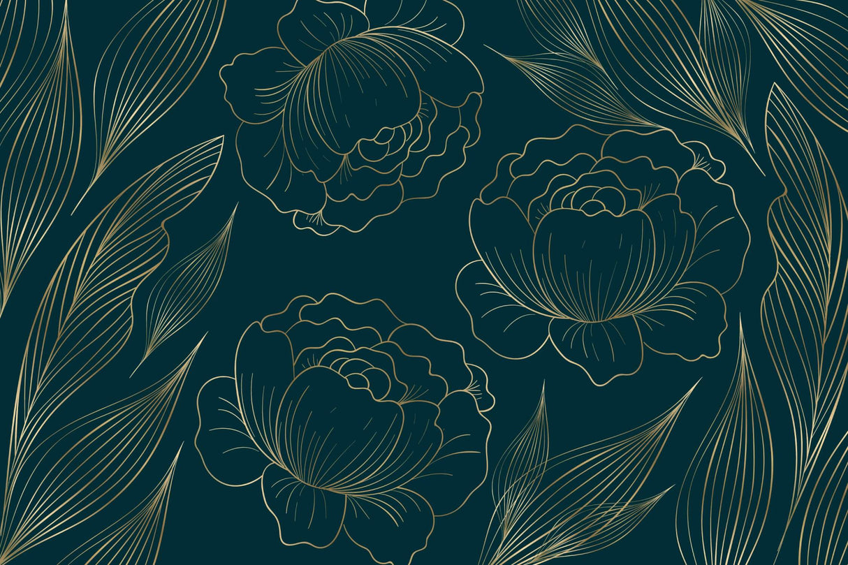 Gold floral line art pattern on teal background design file showing intricate details
