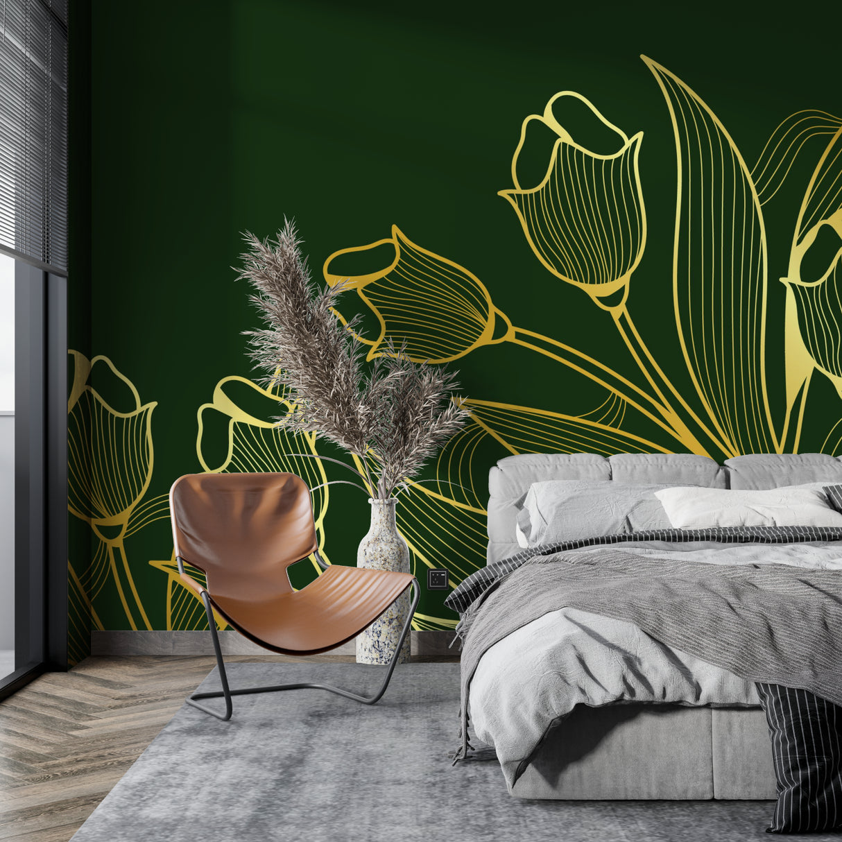 Gold tulip floral wallpaper in modern living room with green sofa and natural light