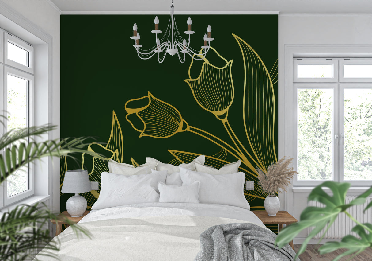 Emerald and gold tulip wall mural in dining room with wooden table