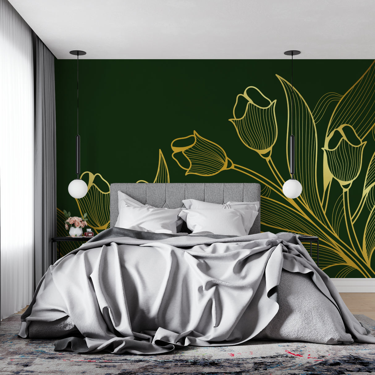 Gold floral mural in home office with desk and reading nook