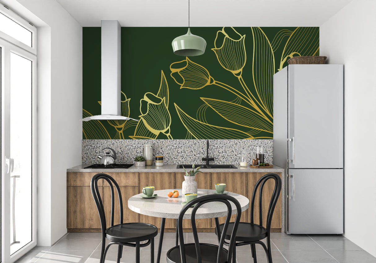 Green and gold tulip wallpaper in entrance hallway with mirror