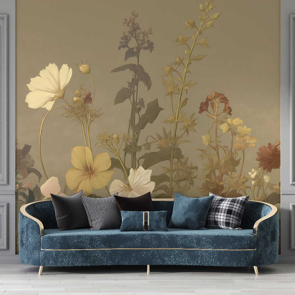 Botanical wallpaper in modern living room showcasing golden flowers against beige background