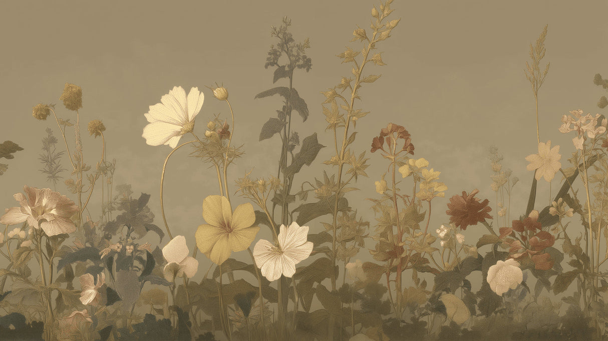 Golden floral mural creating warm atmosphere in dining room