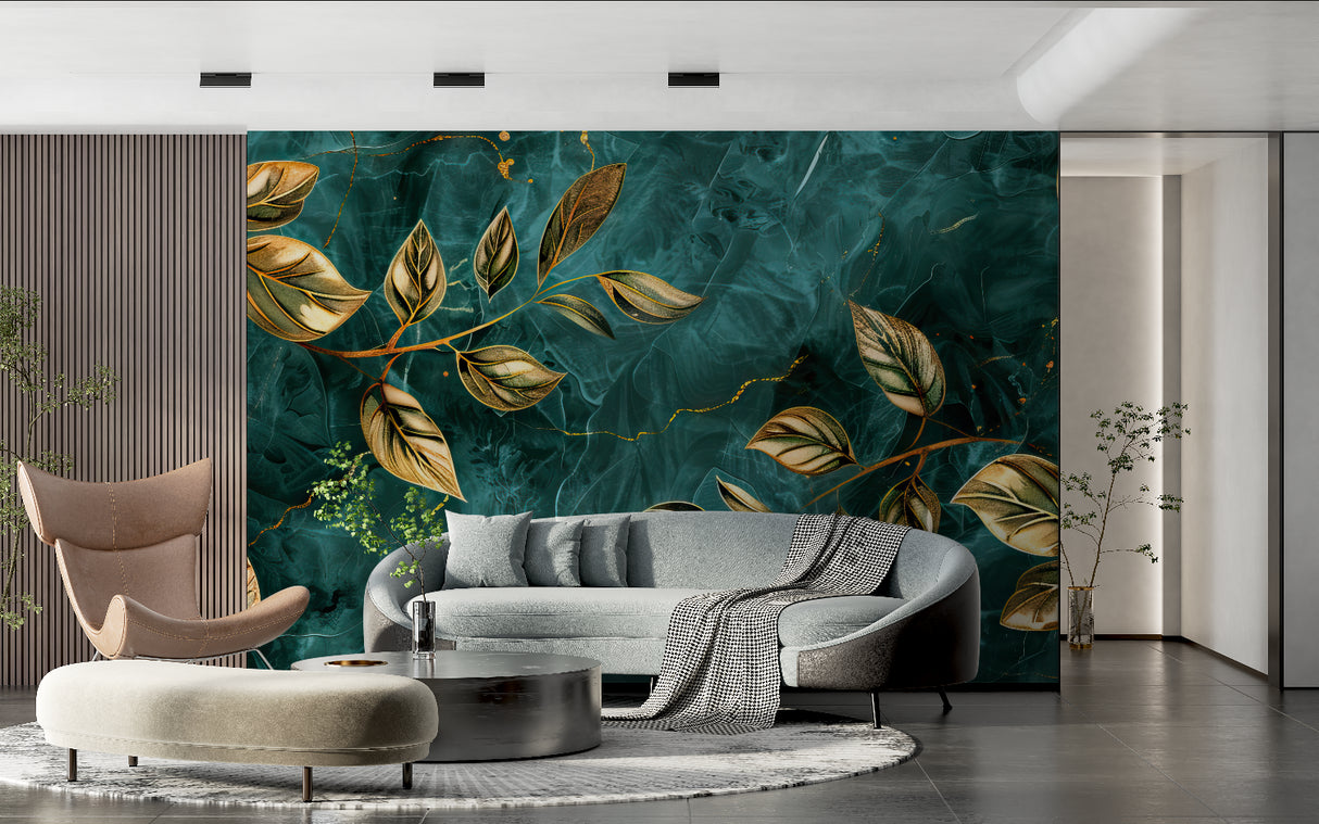 Emerald and gold botanical wallpaper creating luxury atmosphere in modern living room