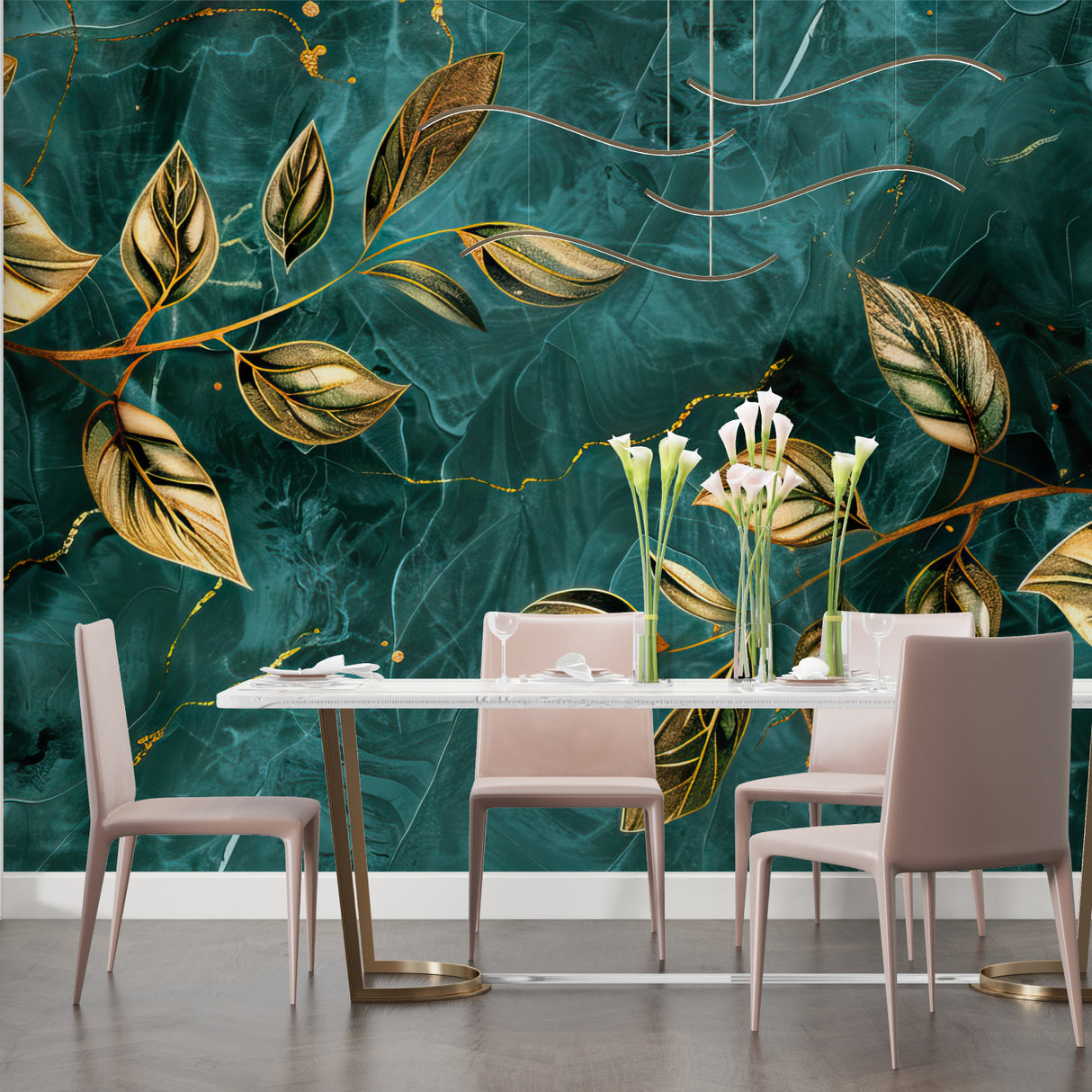 Golden leaf wallpaper making statement in elegant dining room setting