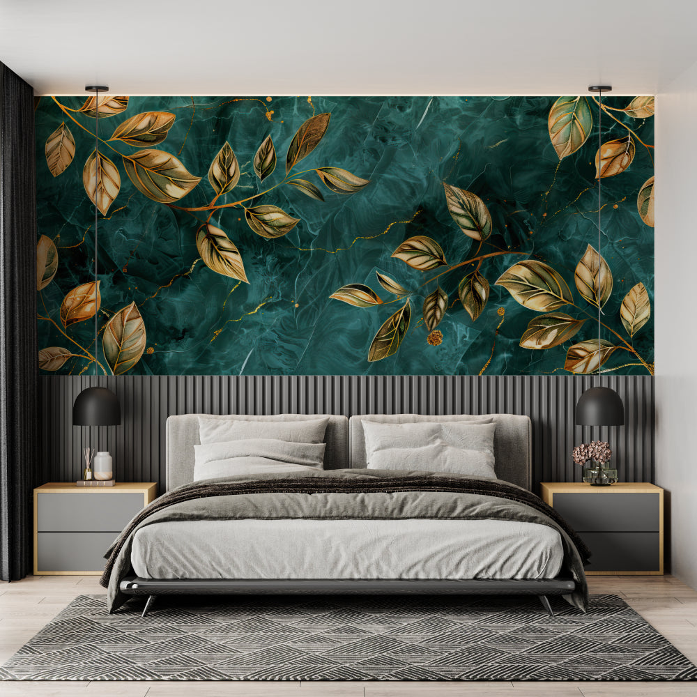 Emerald marble wallpaper with gold accents brightening master bedroom