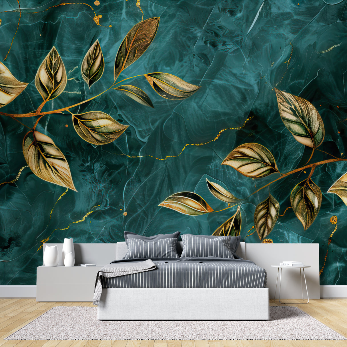Botanical wall mural adding luxury touch to home office space