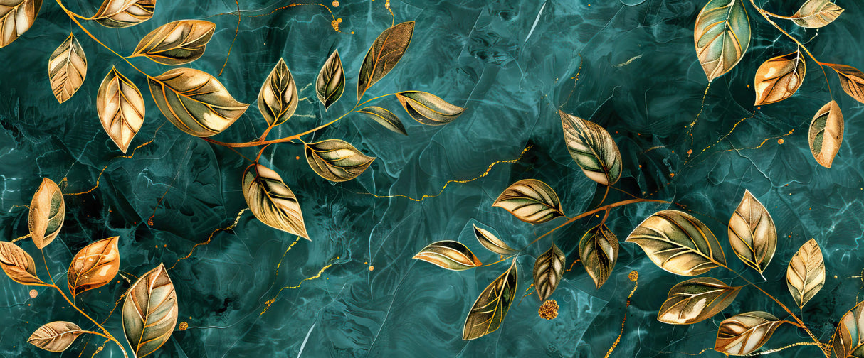 Emerald marble wallpaper with golden leaves design file showing intricate botanical pattern