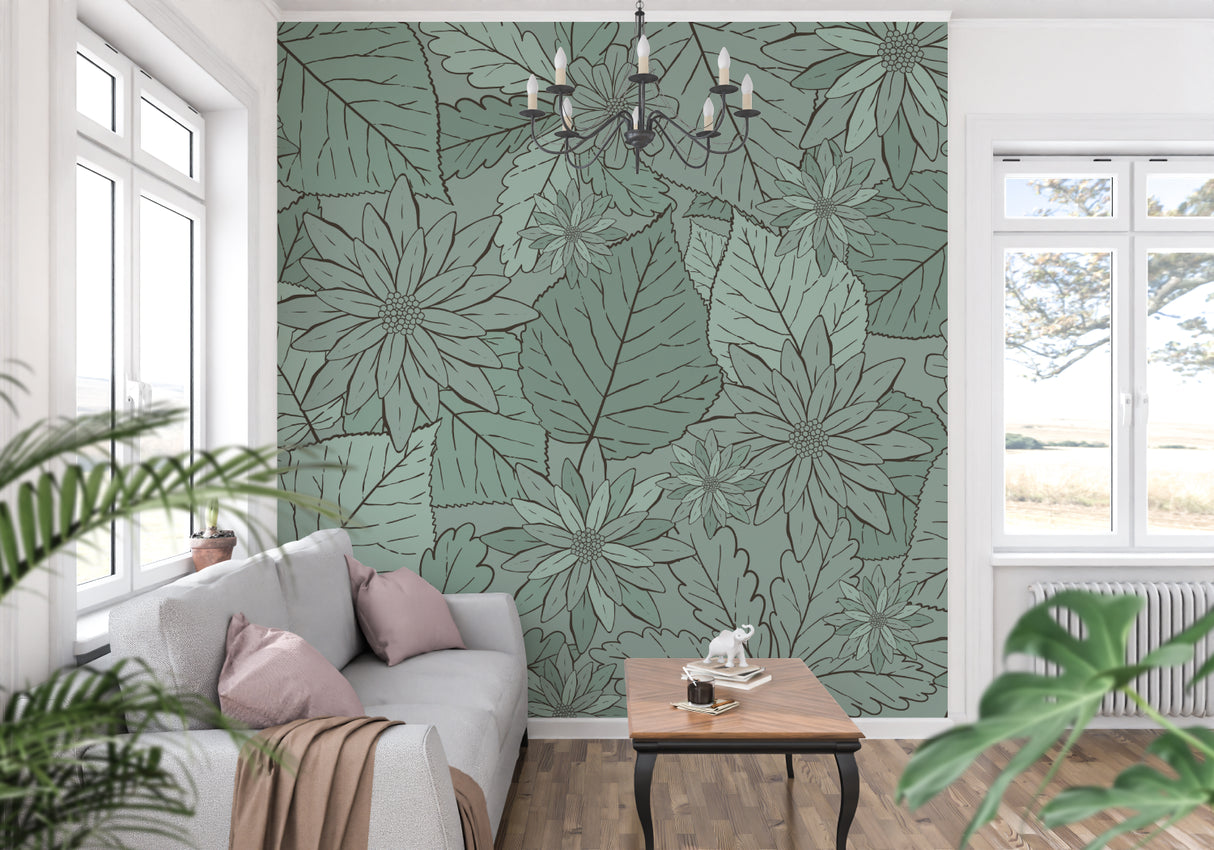Botanical line art wallpaper creating a serene atmosphere in a modern living room with natural light