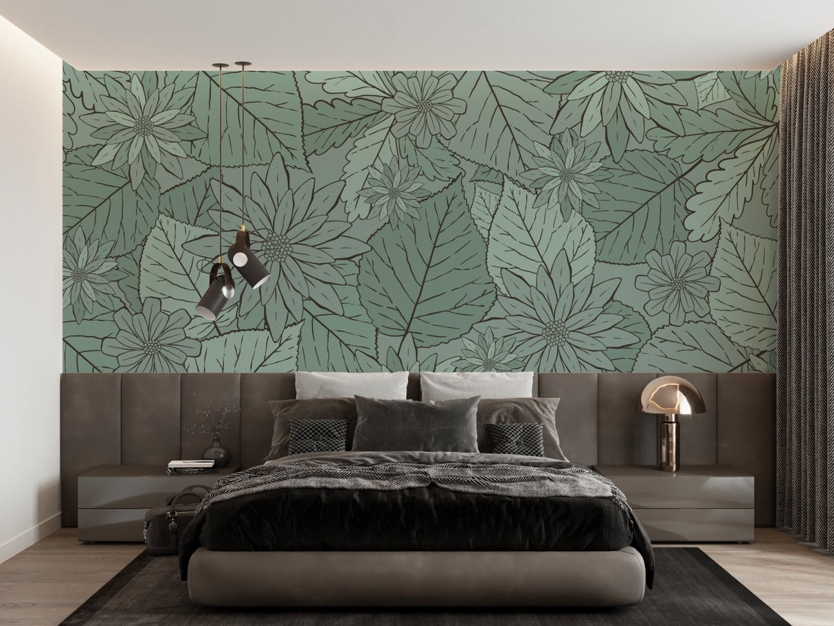 Green floral line art mural in a minimalist bedroom setting with white furniture
