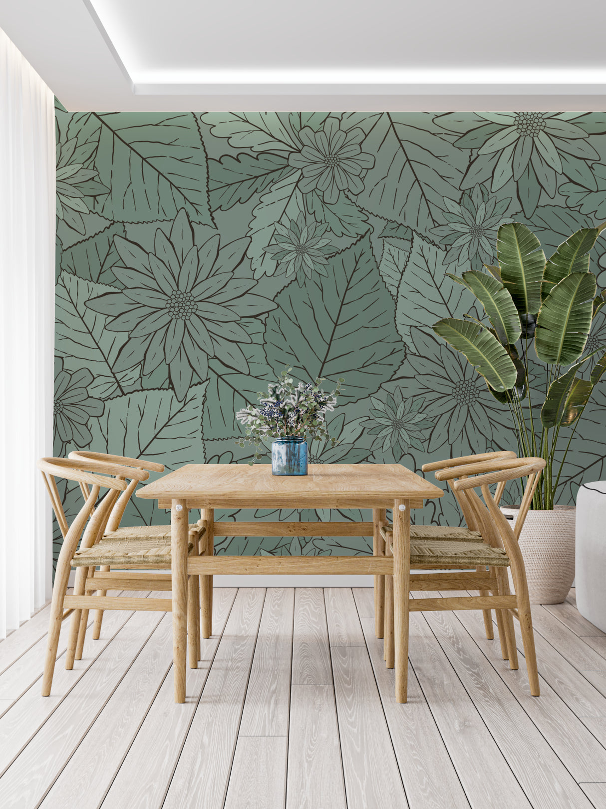 Sage green botanical wallpaper bringing nature into a home office space