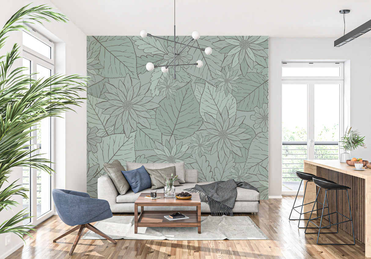 Modern floral line art design transforming a dining room with soft green tones
