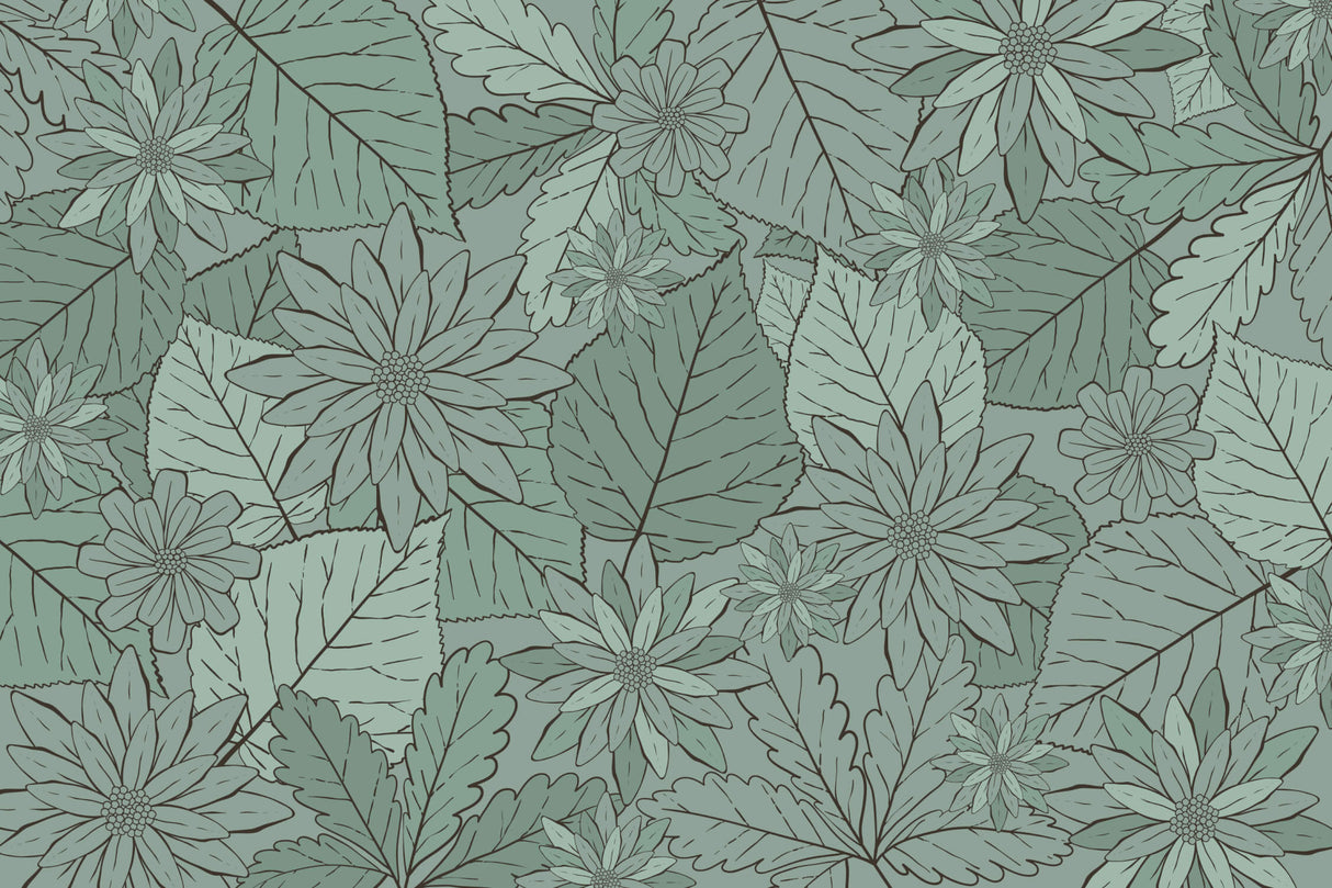 Design file showing detailed sage green botanical line art pattern on white background