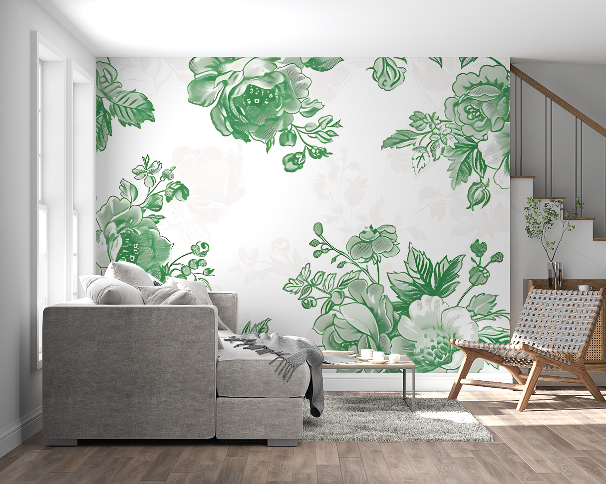 Master bedroom with green floral wallpaper creating a garden-like atmosphere