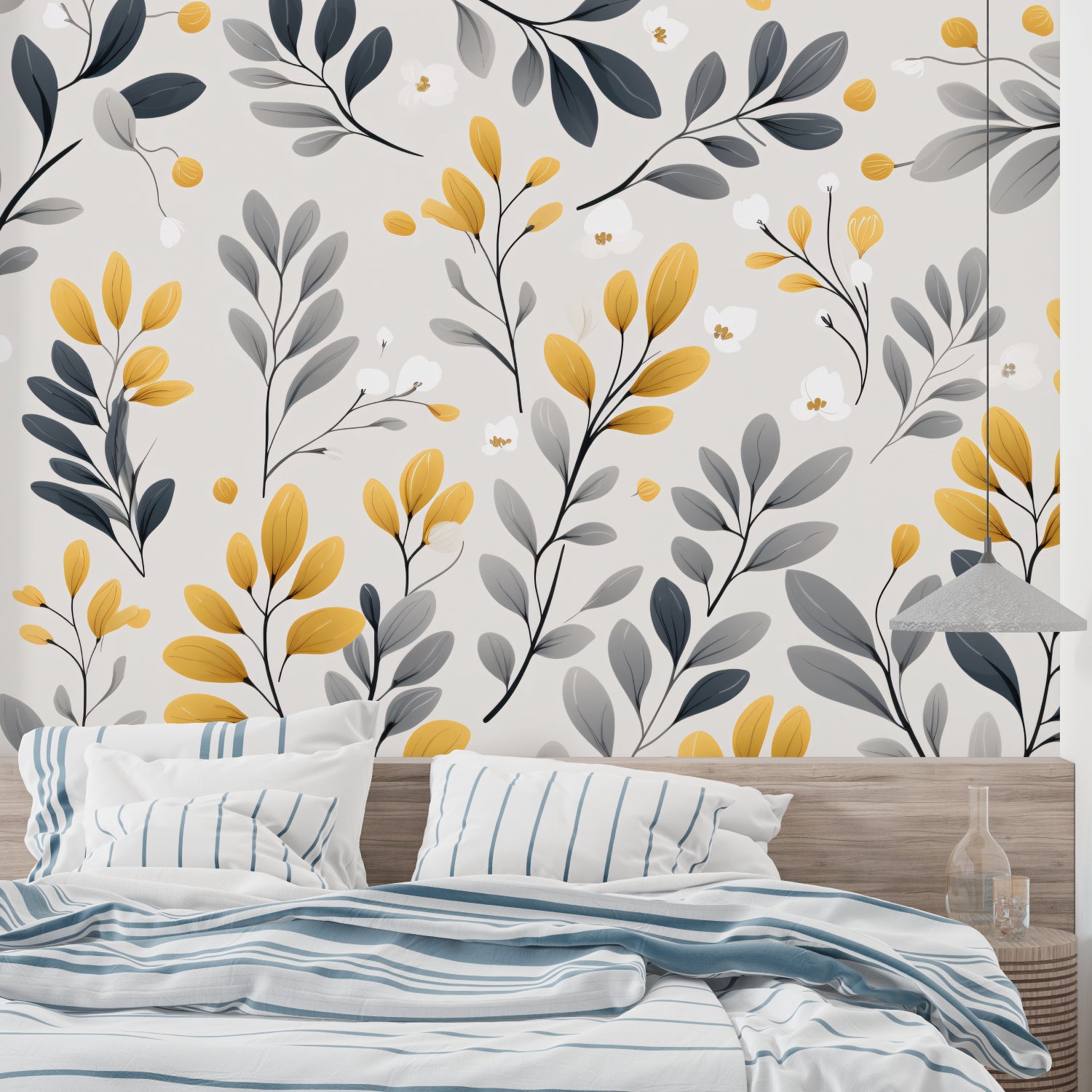Grey and gold botanical wallpaper in modern living room setting, creating an elegant accent wall