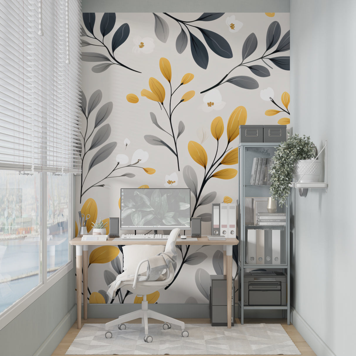 Botanical wall mural showcased in home office with natural lighting