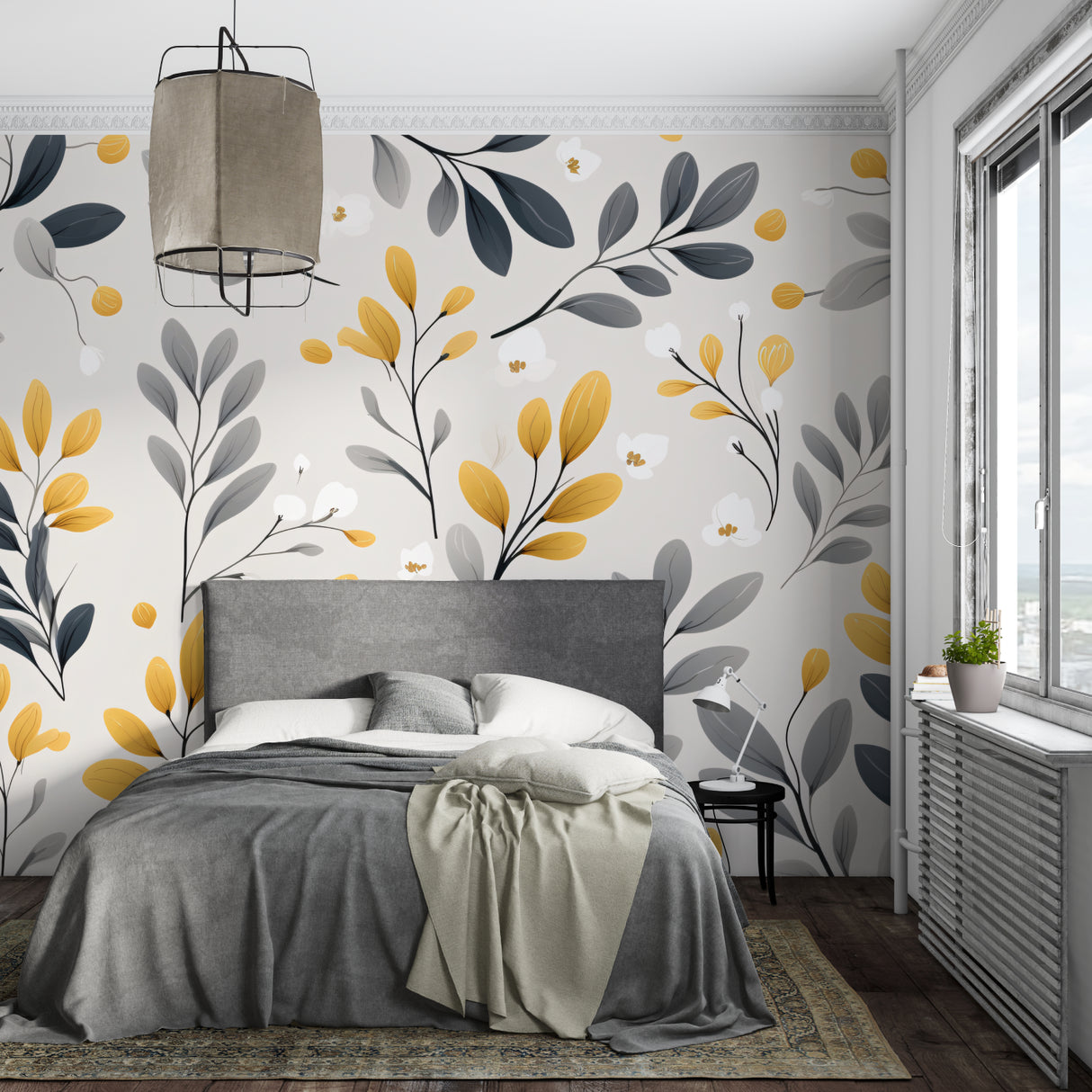 Grey and gold floral pattern displayed in master bedroom setting