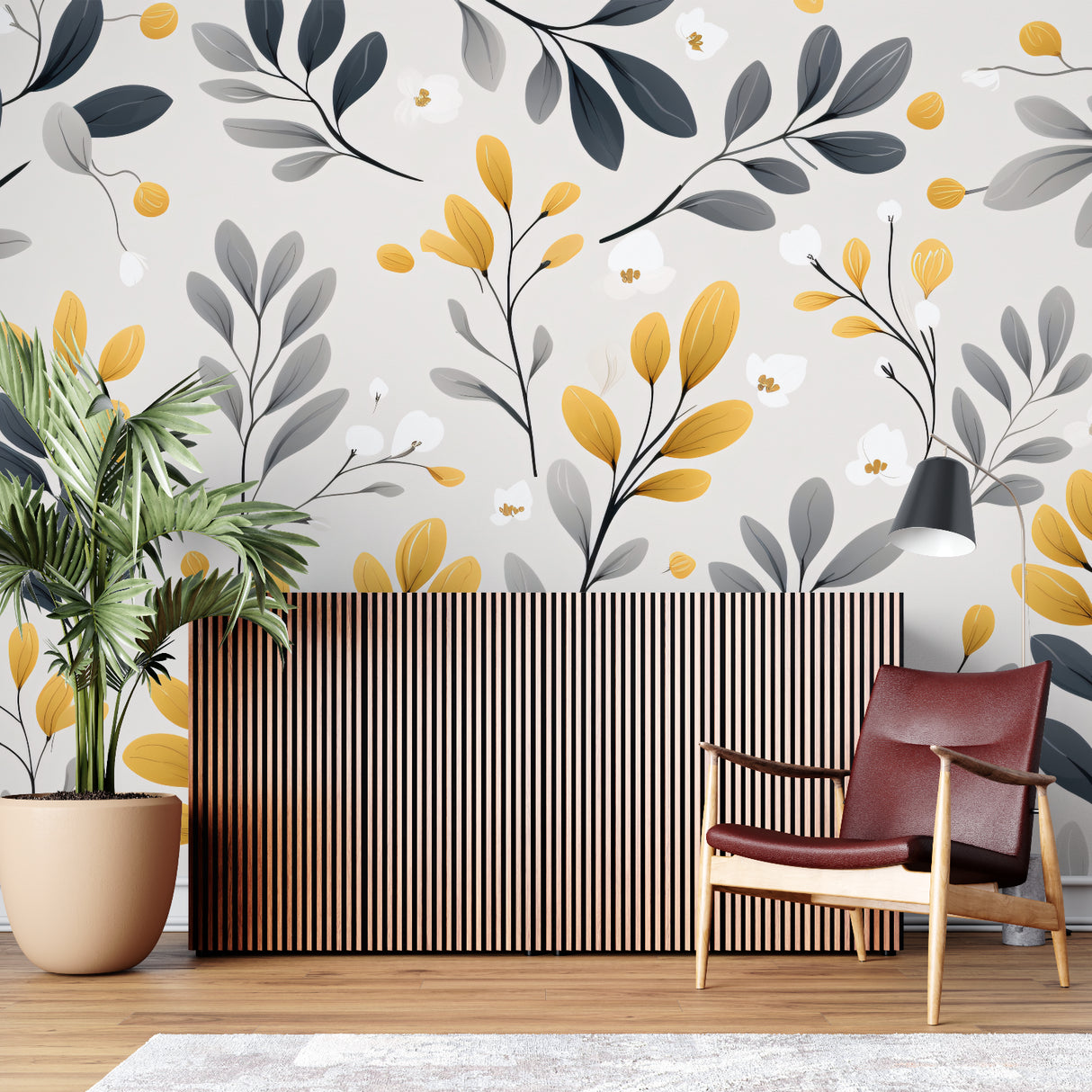 Floral wall mural application in hallway showing full pattern scale