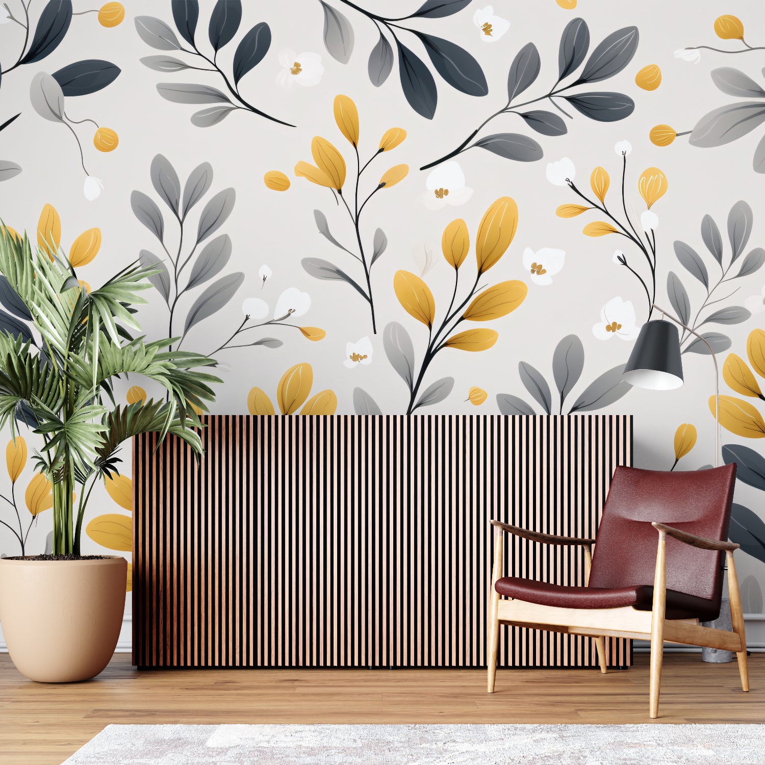Floral wall mural application in hallway showing full pattern scale