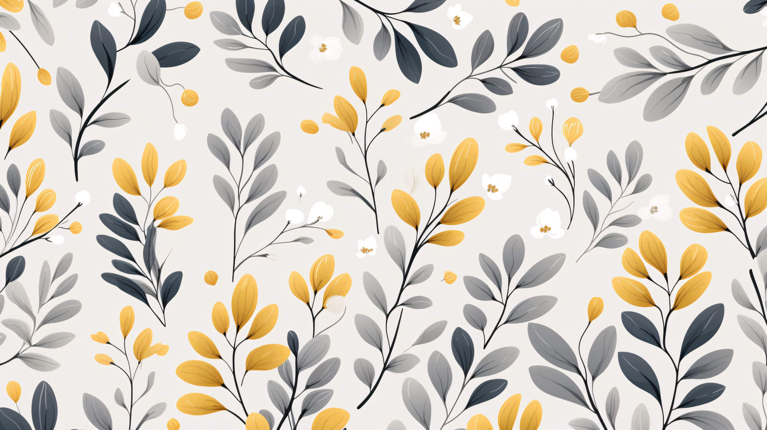 Design file showing detailed grey and gold botanical pattern with flowing stems and delicate leaves