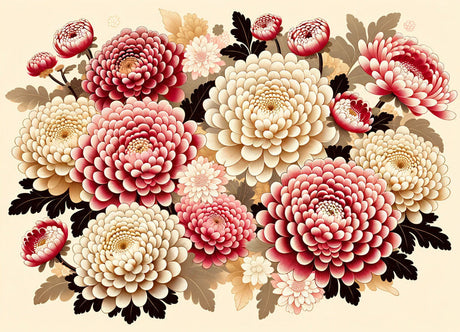 Japanese Chrysanthemum floral pattern design file showing detailed red blooms on beige background