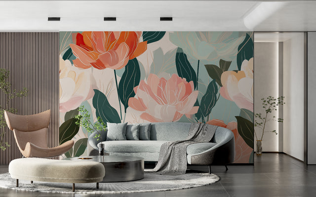 Floral wall mural with coral peonies in a bright modern living room showing scale and impact