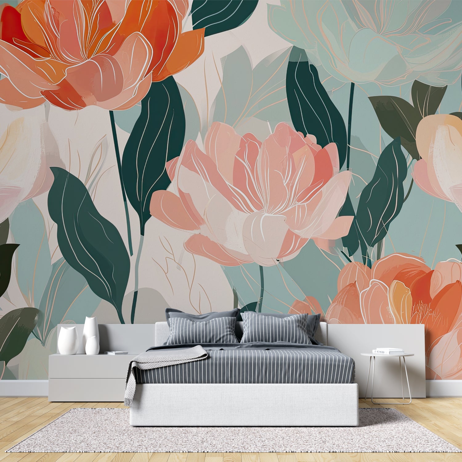 Peony wallpaper creating a focal point in master bedroom with minimal furniture
