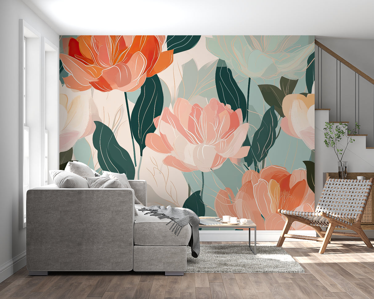 Large scale floral mural in dining room showing coral and green color harmony