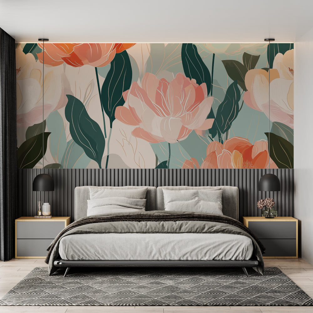 Botanical wall mural bringing nature into home office space