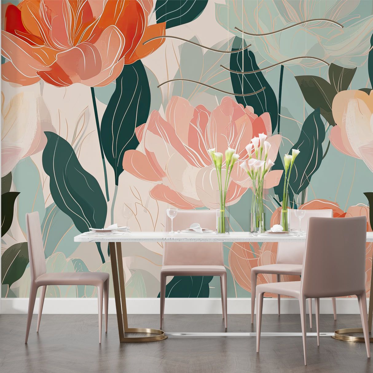 Modern peony wallpaper installation in entrance hallway