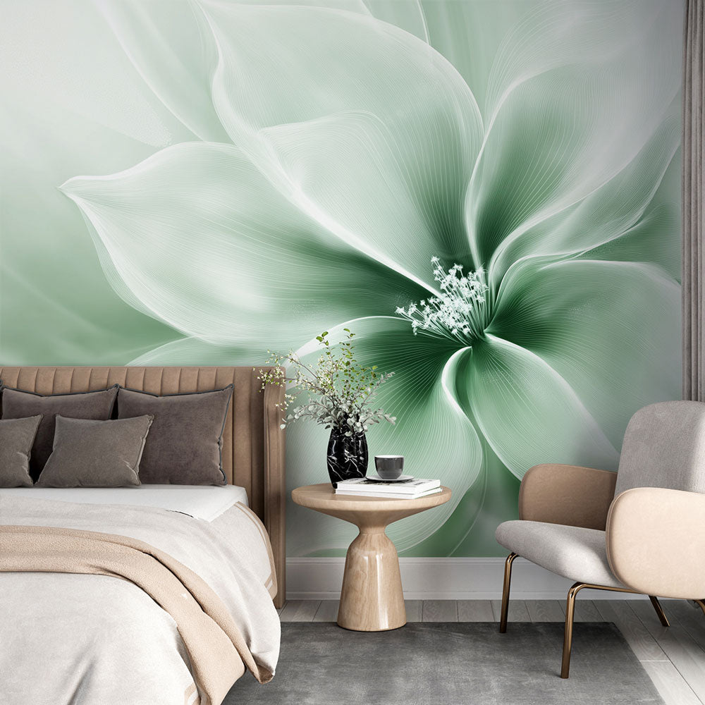 Mint green floral wallpaper creating a fresh focal point in a bright modern living room with minimalist furniture
