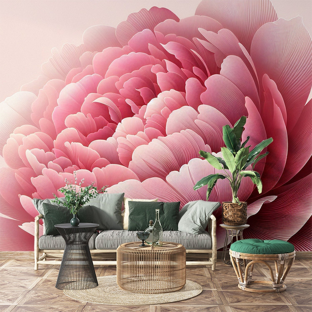 Pink Peony Wallpaper Mural bringing fresh garden feel to a bright modern bedroom with white furniture