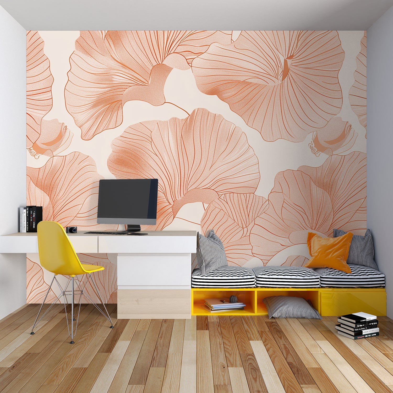 Botanical wall mural with terracotta petals adding warmth to a minimalist bedroom