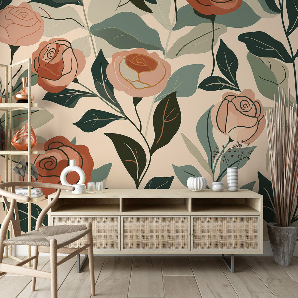 Vintage rose wallpaper in a bright living room creating an elegant accent wall