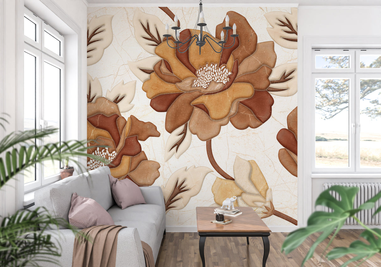 Terracotta floral wallpaper in modern living room with natural light streaming through windows