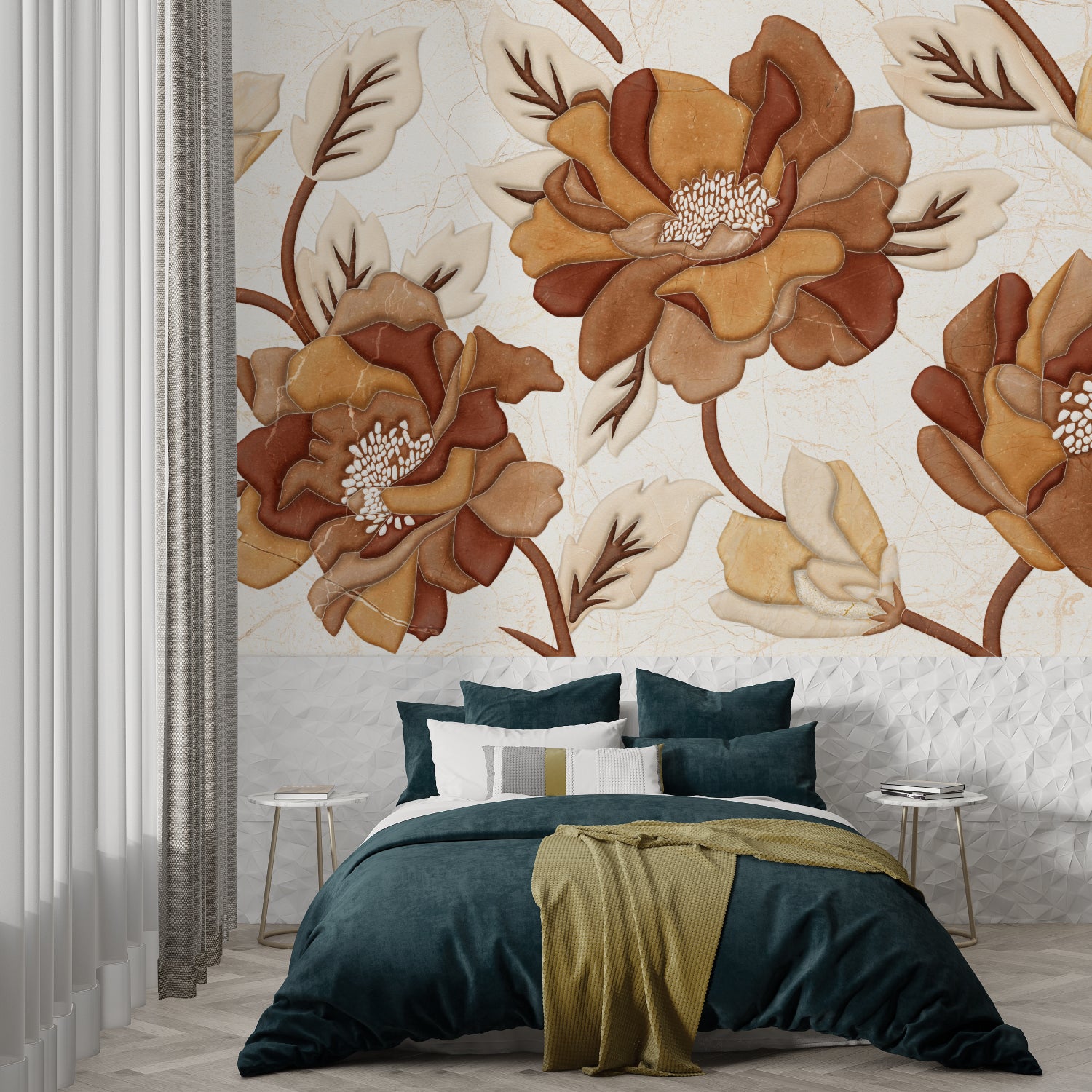 Large floral wall mural creating warm atmosphere in master bedroom